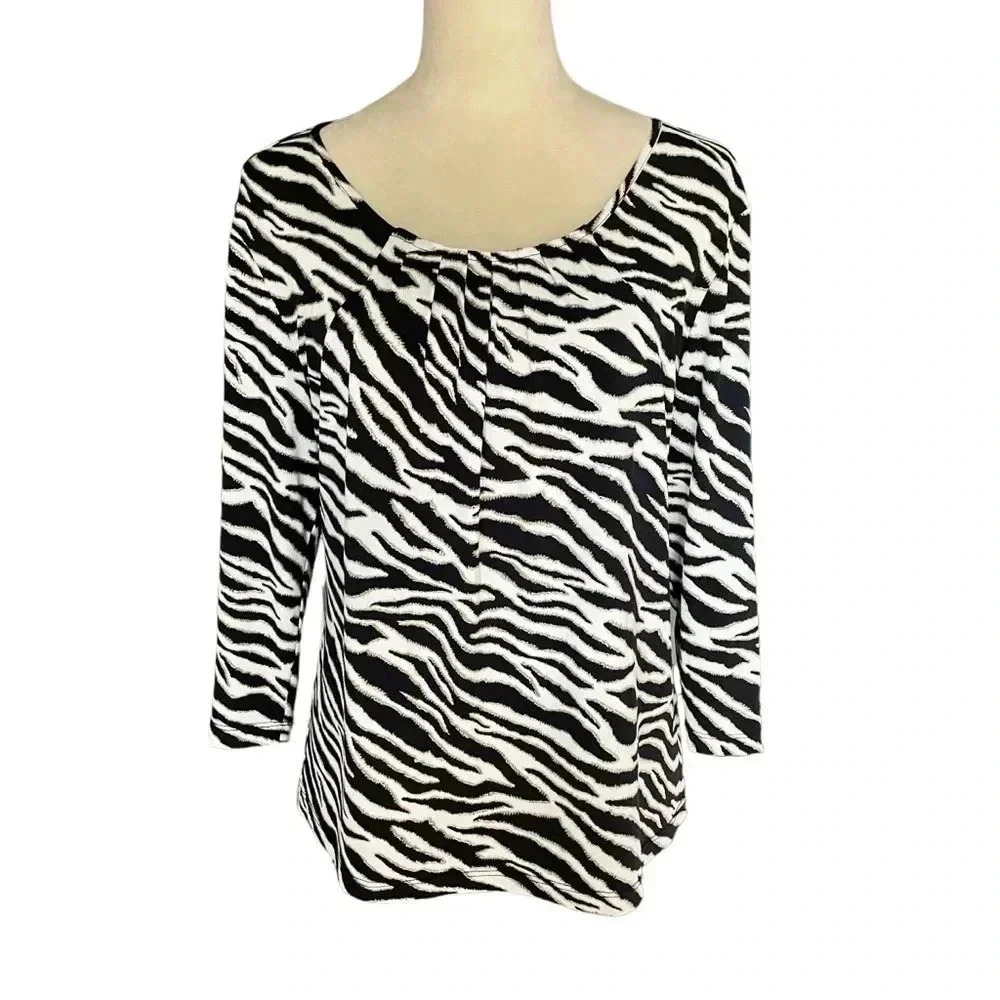 Chico’s Abstract Zebra Animal Print Metallic Threads Top Women Size L